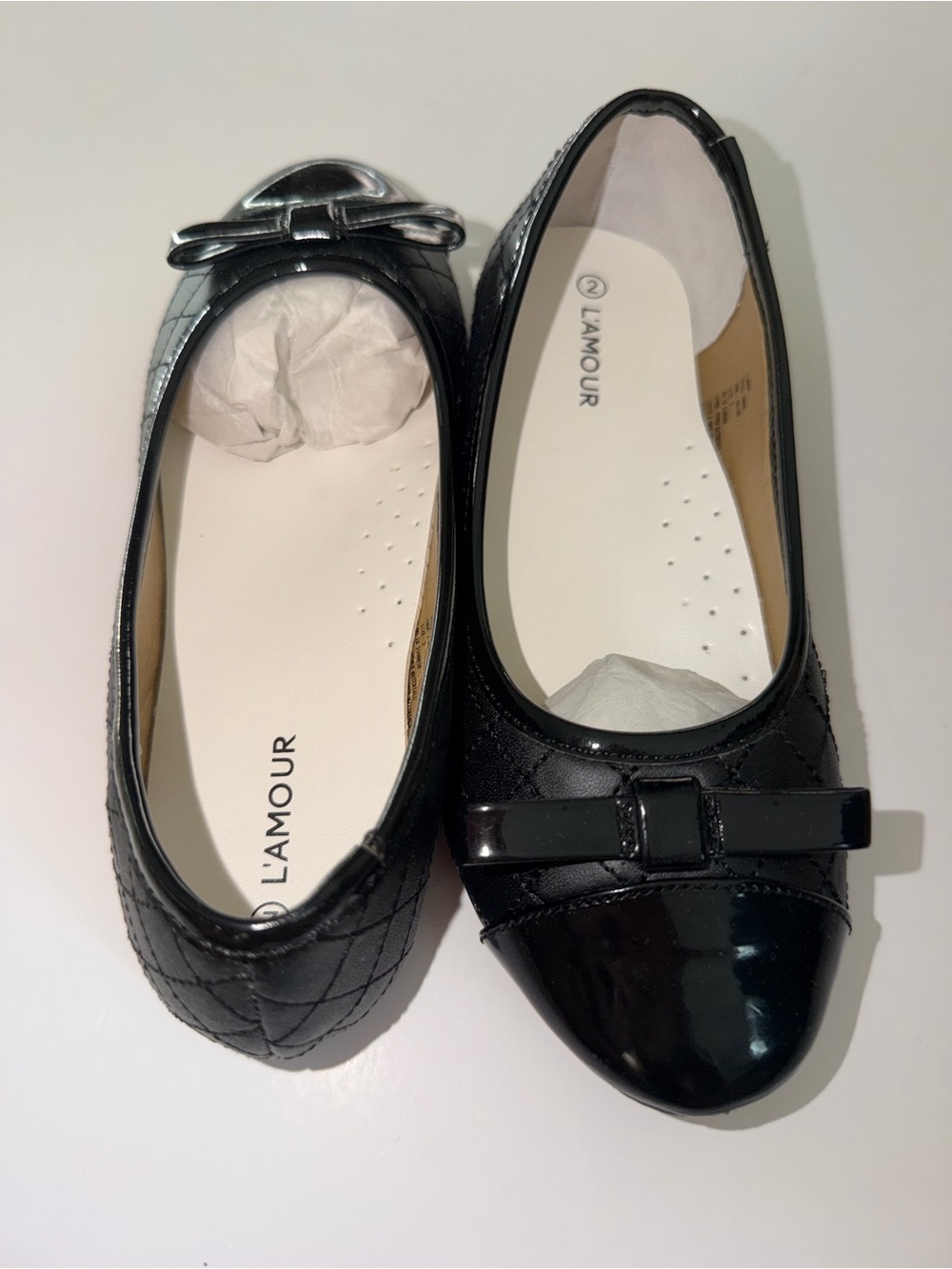 NWT L’Amour Girls Size 2 Black Quilted Cap Toe Mary Jane Flats | Bow